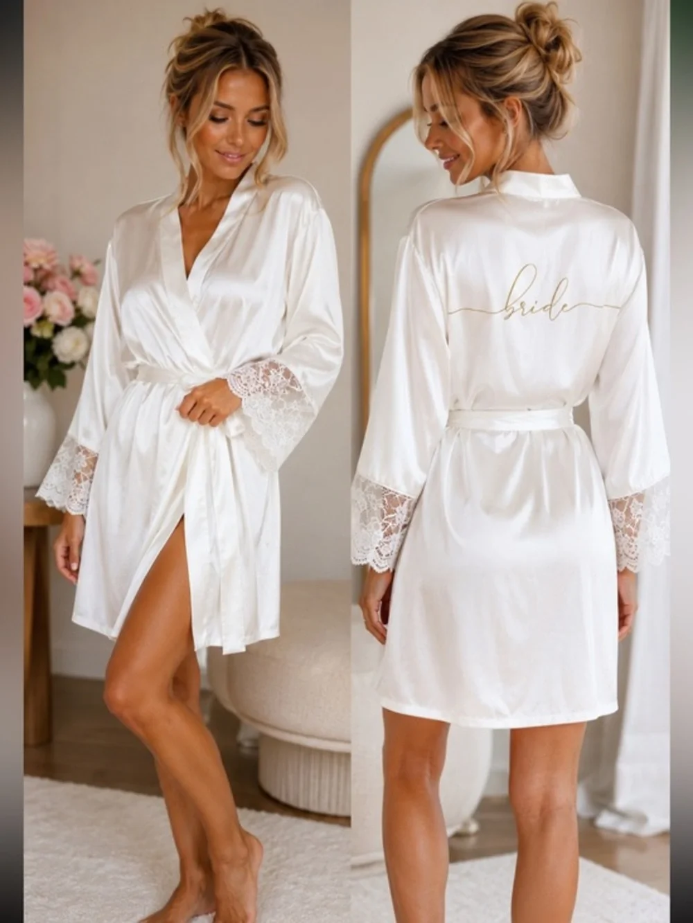 David’s Bridal Bride White Satin Lace Trim Getting Ready Robe | One Size